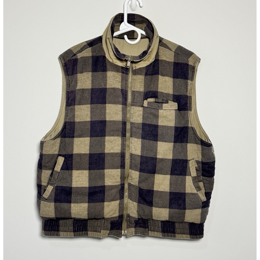 Mens Reversible Padded Utility Vest Plaid‎ Khaki Workwear Outdoor XL Cabincore
